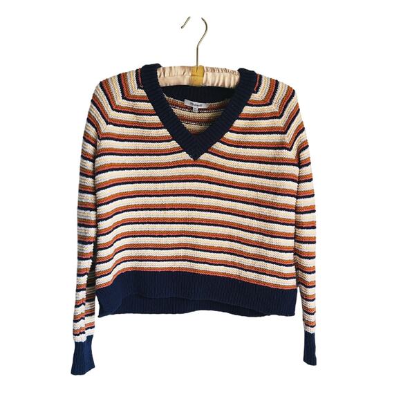 Madewell Arden V-Neck Crop Striped Pullover Sweater XXS Cozy Fall Preppy Twee - Picture 2 of 8